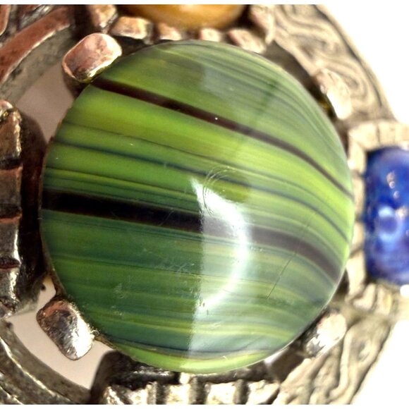 VTG Celtic Style Multi Stone Glass Agate Brooch Round Faux Turquoise Lapis Fashi - Picture 7 of 10